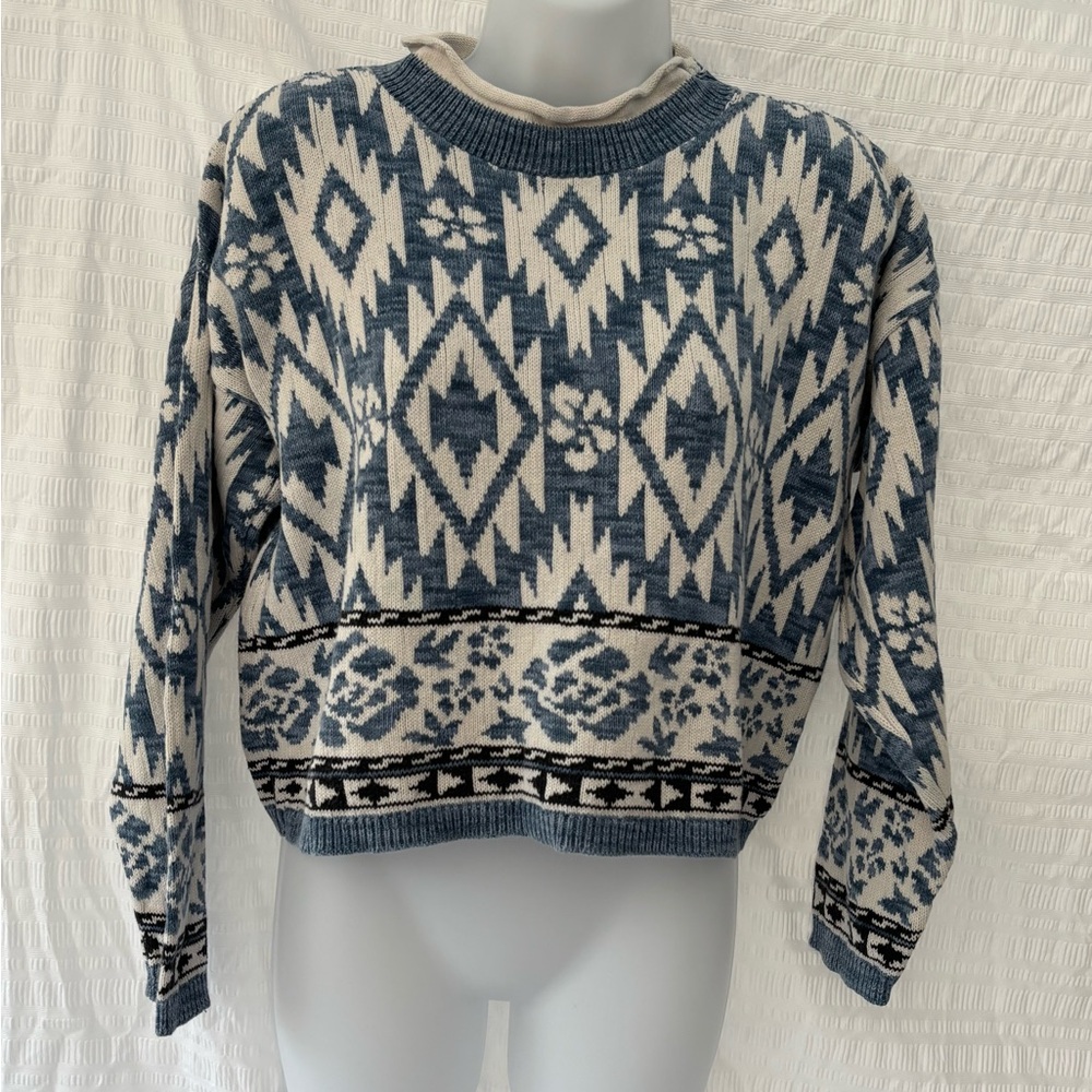 Rebel Rebel Vintage Blue and White Geometric Sweater